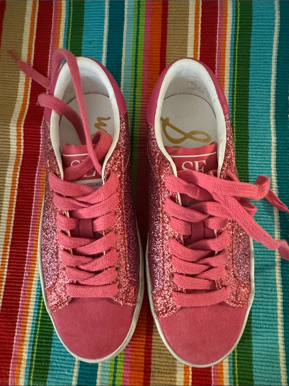 New Sam Edelman Pink Glitter Girls Lace-Up Sneakers
